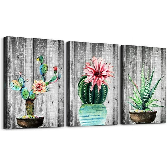 Green plants cactus potted Picture Wall Art for living room Canvas Prints Artwork bathroom Wall Decor Wood grain Watercolor painting 3 piece bedroom wall decorations kitchen Wall painting
