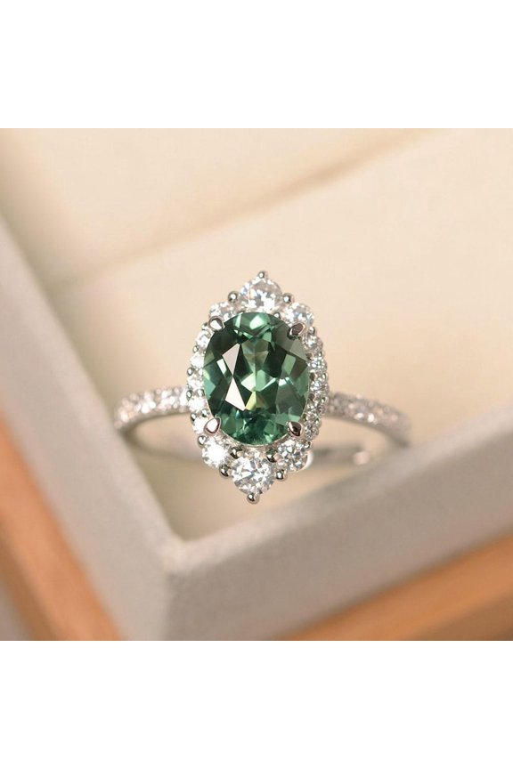 Green sapphire ring, round cut engagement ring,branch leaf ring,sterling silver,anniversary gifts