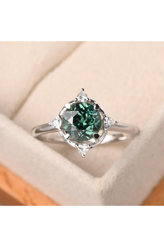 Green sapphire ring, round cut engagement ring,branch leaf ring,sterling silver,anniversary gifts