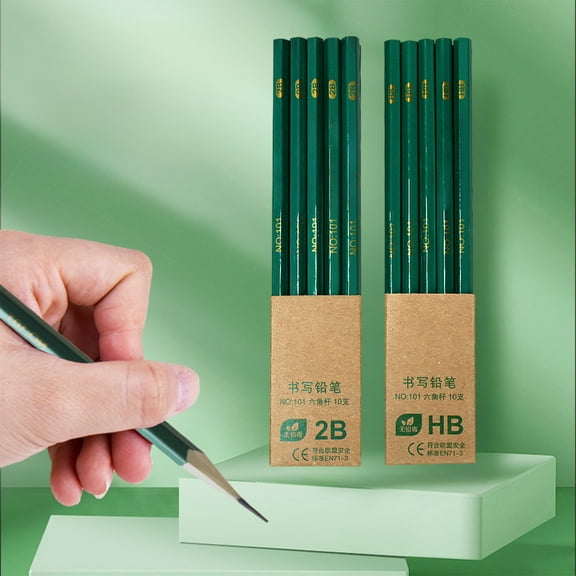 Green student pencil 10pcs H/2B mechanical pencil High quality wood Safe and sturdy High toughness refill Not easy to break Ergonomic hexagonal design Non-slip Suitable for writing and drawing