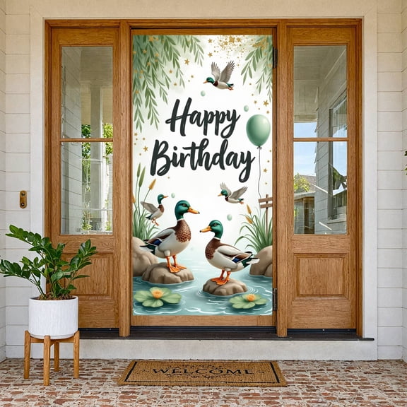 Green-toned Banner Rustic Style Birthday Backdrop Duck Pattern Pond Scene Birthday Display for Kids Birthday Party Indoor Decoration Outdoor Celebration