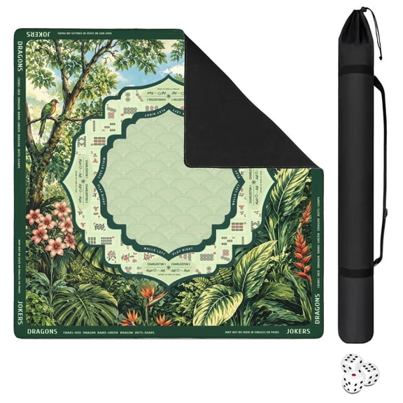 Tropical Jungle Parrot American Mahjong Mat 31.5"x31.5", with Printed Rules, Non-Slip Noise Reduction Square Game Table Mat, Includes Storage Carry Bag and Dice, Mahjong Player Gift