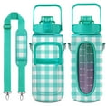 thumbnail image 1 of Green&white Plaid 64 Oz Half Gallon Water Bottle with Sleeve - BPA Free Leakproof Sport Large Plastic Water Bottle with Straw&Time Marker&Insulated Neoprene Holder Carrier Bag Gift for Women Men, 1 of 5