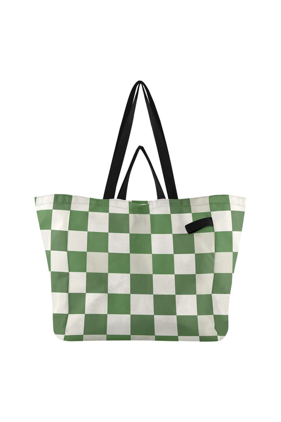 Green-white Plaid Foldable Canvas Tote Bags Reusable Grocery Bags Laundry Bags Beach Bag 32L