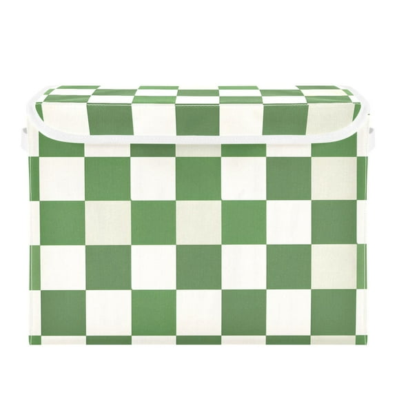Green-white Plaid Foldable Storage Bin with Lid and Handle Collapsible Storage Box 16.5 x 12.6 x 11.8 inches