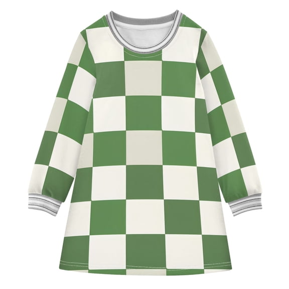 Green-white Plaid Long-sleeved Dress A-line Dress for 2-8 Years Casual Party 7-8Y
