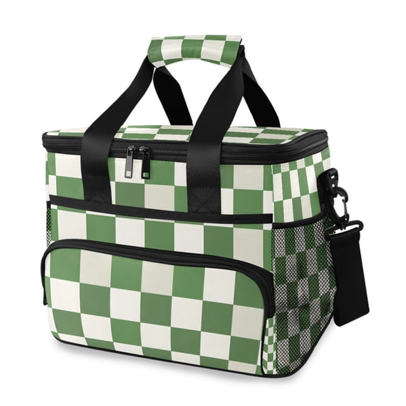 Green-white Plaid Portable Cooler Lunch Box Reusable Insulated Lunch Bag Leakproof 15L