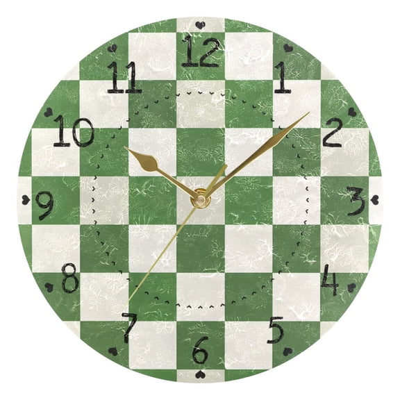 Green-white Plaid Round Wall Clock Silent Analog Battery Operated Gold Pointer Home Decor 9.84" Diameter