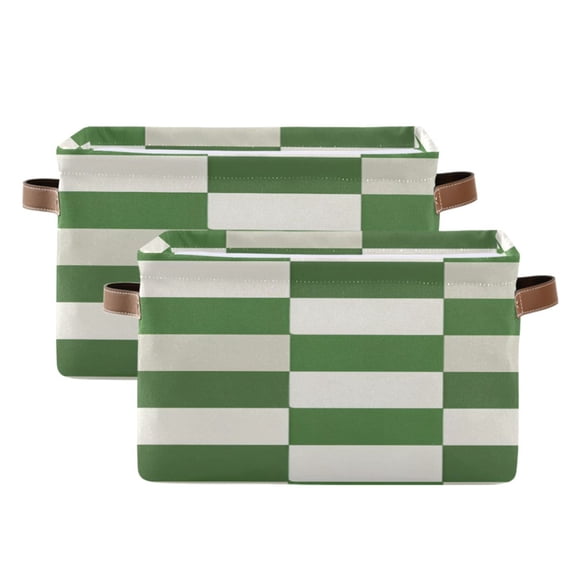 Green-white Plaid Square Storage Bins with Handles Collapsible Containing Box 2 Packs