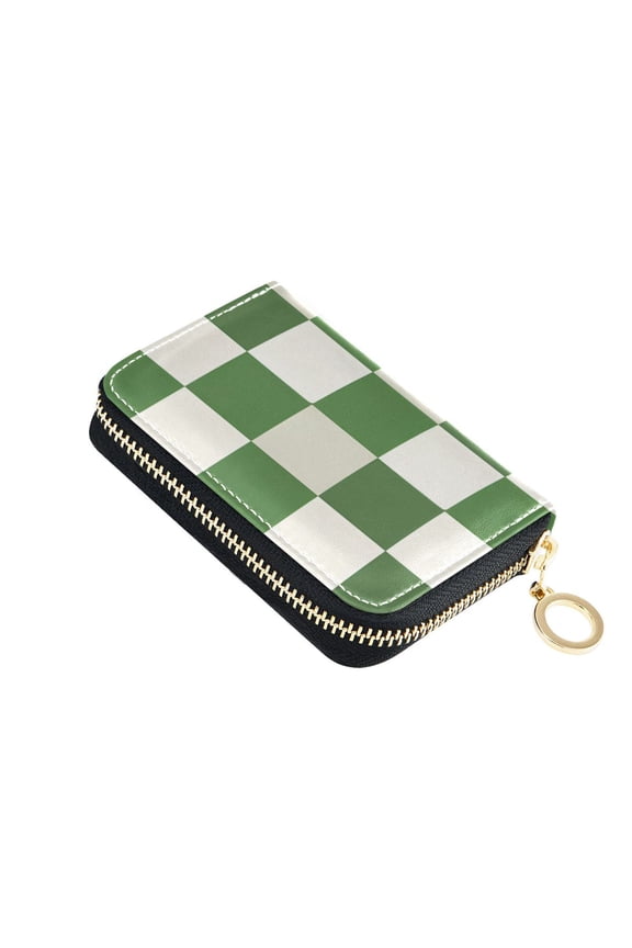 Green-white Plaid Women's Credit Card Holder PU Leather Zipper Wallet RFID Blocking
