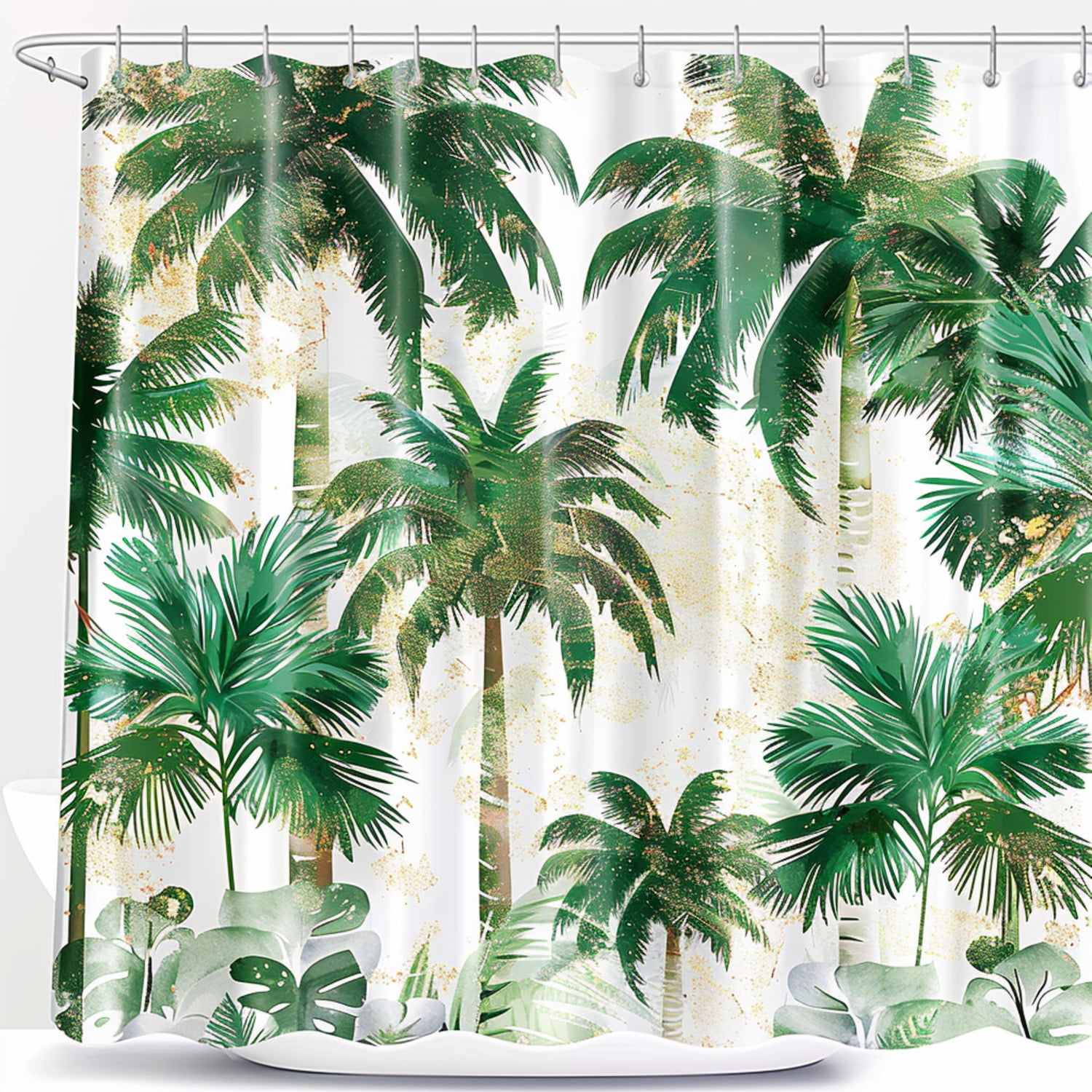 Green white and gold glitter tropical palm tree bathroom set in detailed 2D illustration style