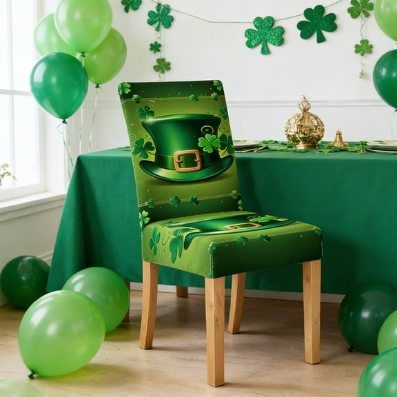 Green with Clover Dining Room Chair Covers - St. Patrick's Day Short Stretchable Polyester Removable, Washable for home Restaurant Banquet