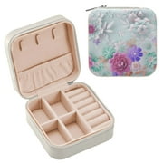 Green with Pink Roses Flowers Jewelry Travel Case Leather Women Girl Zipper Mini Jewelry Organizer Earrings Necklace Bracelet Storage Holder Box