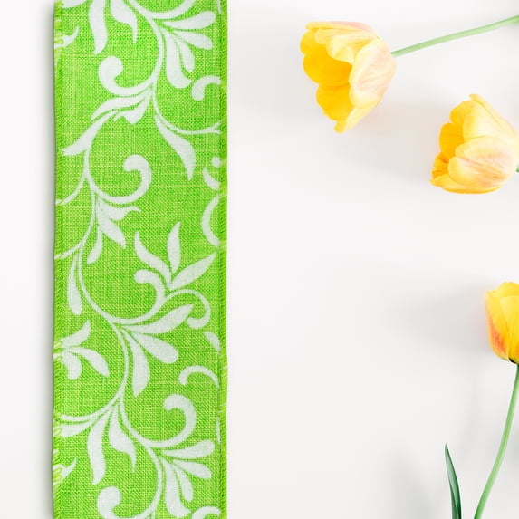 Northlight Green with White Floral Design Wired Craft Ribbon 2.5" x 10 Yards