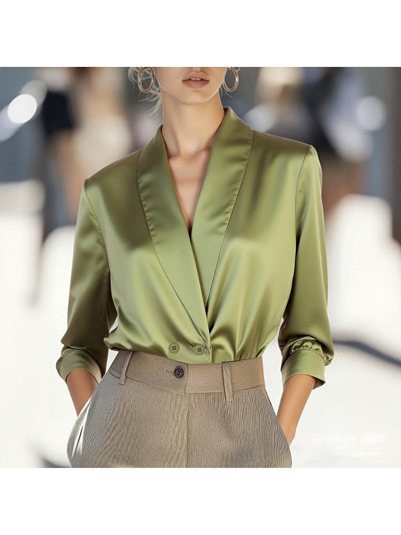 Green work blouses for women V-Neck Long Sleeve Lightweight, Durable Stitching, Breathable & Non-See-Through, No Shrinking, Business & Casual Wear S