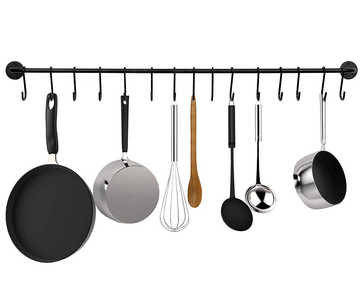 GreenCo Pot And Pan Metal Wall Mounted Kitchen Organizer Rail With 15 Hooks-Black - image 1 of 2