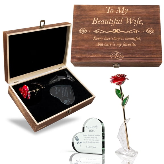 GreenCor Anniversary Gifts for Her | Birthday for Wife | Women – Engraved Wooden Gift Set 'to My Beautiful Wife' Includes Crystal Engraved Heart | 24K Gold Dipped Rose | Birthday | Valentines Day