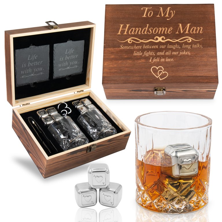 GreenCor Anniversary Gifts for Him, Boyfriend, Fiance, Men, Husband -  Whiskey Glass Set Engraved 'To My Handsome Man” Gifts for Birthday, Christmas