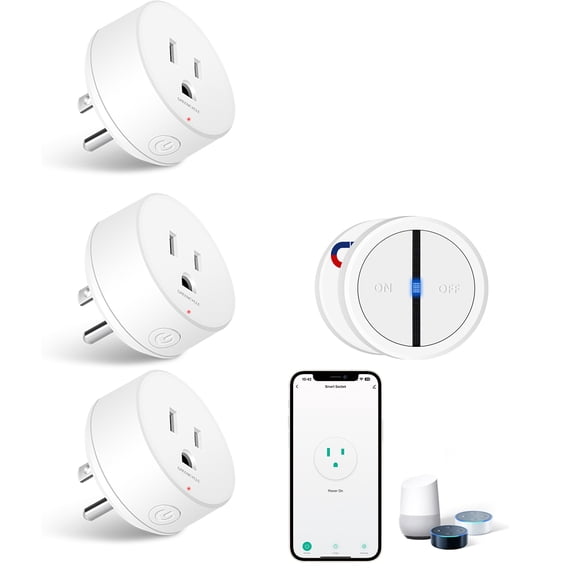 GreenCycle WiFi Smart Outlet Plug with Remote, Detachable Magnetic Switch, Works with Alexa & Google Home, Tuya/Smart Life App, 15A/1500W, ETL/FCC Listed, 2.4GHz Only, Remote Control from Anywhere