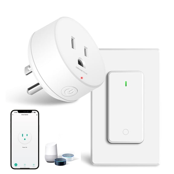 GreenCycle WiFi Smart Outlet Plug with Remote,Detachable Wall-Mounted Switch,Works with Alexa & Google Home,Tuya/Smart Life App,15A/1500W,ETL/FCC Listed,2.4GHz Only,Remote Control from Anywhere