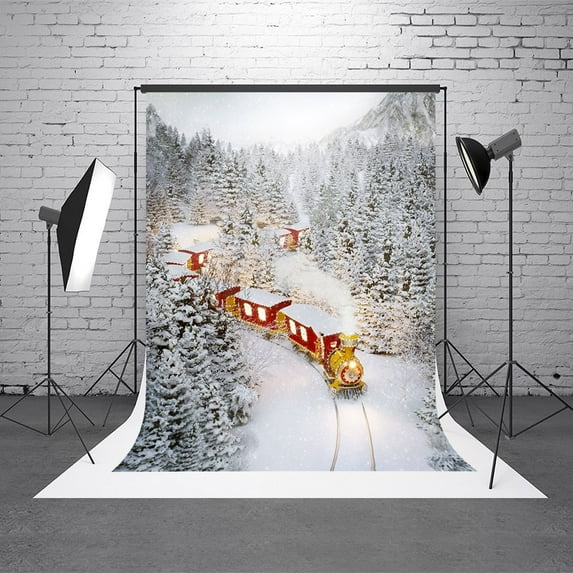 GreenDecor 5X7ft Christmas Winter Backgrounds White Snow Forest Scenery Photography Backdrop Vintage Red Train Christmas Backdrop for Pictures