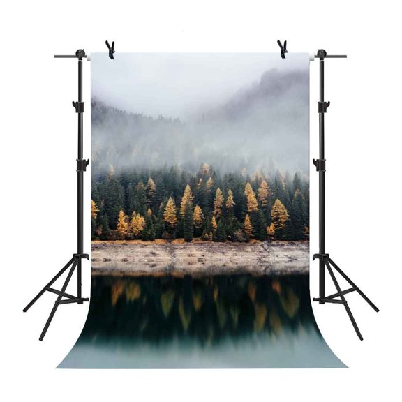 GreenDecor 5x7Ft Foggy Weather Valley Backdrop Mountain Chains Forest Trees Fall Background Lake Natural View Studio Props Photo
