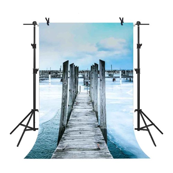 GreenDecor 5x7Ft Trestle Backdrop Blue Sky Seaside Beach Bridge Background Video Studio Props Photo Props