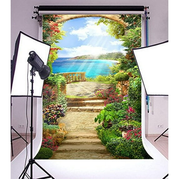 GreenDecor 5x7ft Backdrop Photography Background Fresco Painting Wonderful Garden Green Plants Trees Arch Stone Balcony Landscape Sea View Blue Sky Su