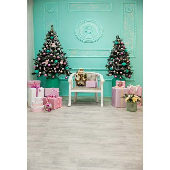 GreenDecor 5x7ft Background Backdrop Blue Wall Gold Ball Trees Pink Xmas Boxes Photo Backdrop for Home Holiday Photos Background Kids
