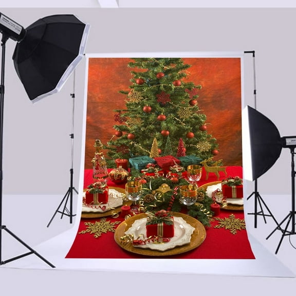 GreenDecor 5x7ft Christmas backdrops Table Christmas tree red background photo backdrop christmas