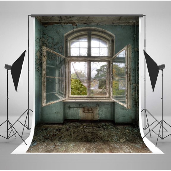 GreenDecor 5x7ft Dilapidated House Photography Backdrops Green Wall with Wooden Window Shoot Background for Photographers Photo Backdrop
