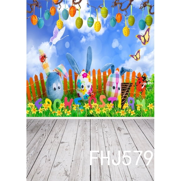 GreenDecor 5x7ft Easter Photography Backdrop for Children and Kids Green Grassland and Colorful Easter Eggs Wood Floor Photo Background Studio Props