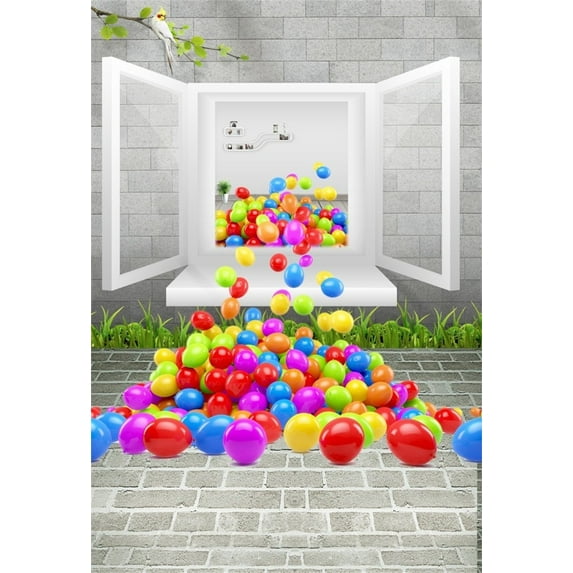 GreenDecor 5x7ft Girl Photography Studio Backdrops Toddler Photo Shoot Background 3D Colorful Balls White Window Brick Wall Gray Floor Children Boy Ki