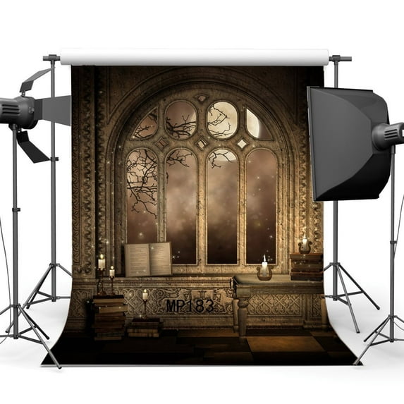 GreenDecor 5x7ft Gothic Backdrop Happy Halloween Horror Night Magic Books Candles Shining Moon Arch Window Gloomy Damask Wallpaper Grunge Photography Background Masquerade Photo Studio Props