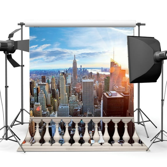 GreenDecor 5x7ft New York City Backdrop Cityscape Modern Building Skyscraper White Fence Blue Sky Cloud Nature Romantic Wedding Photography Background Kids Adults Photo Studio Props