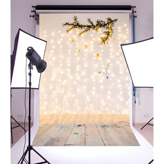 GreenDecor 5x7ft Photography Backdrop Glitter and Twinkle Warm Lights Background Green Pine Branch Stripe Wood Floor Scene Photo Background Children Baby Adults Portraits Backdrop