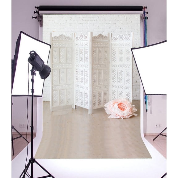 GreenDecor 5x7ft Photography Backdrop Interior White Screen Pink Flower Paper Whitewashed Brick Wallpaper Grunge Floor Photo Background Children Baby Adults Portraits Backdrop