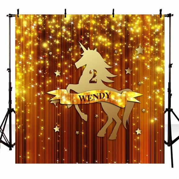 GreenDecor 5x7ft Photography Backdrop Unicorn Gold Curtain Twinkle Star Photo Background Kids Birthday Banner Personalized Name and Text Backdrop