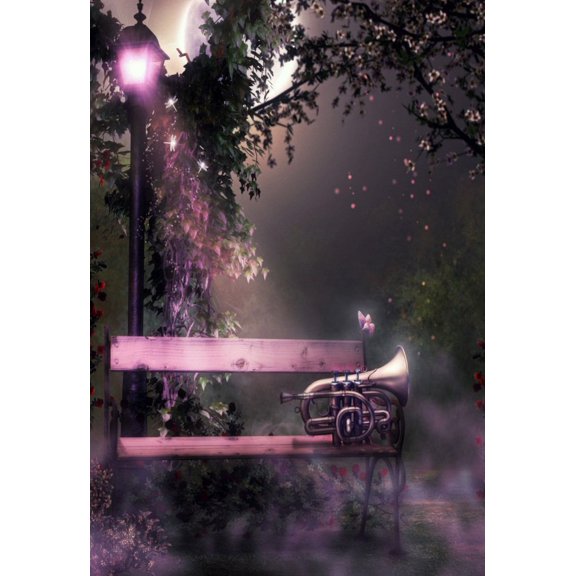 GreenDecor 5x7ft Photography Background Phonograph Road Lamp Wood Bench Flowers Tree Moonlight Halloween Night Personal Portraits Background Shooting Photo Studio Props
