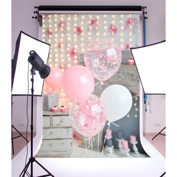 GreenDecor 5x7ft Photography Background Pink and White Sweet Balloons Candy Cakes Glittering Curtain Decoration Holiday Party Children Baby Girls Video Studio Camera Shoot Backdrop