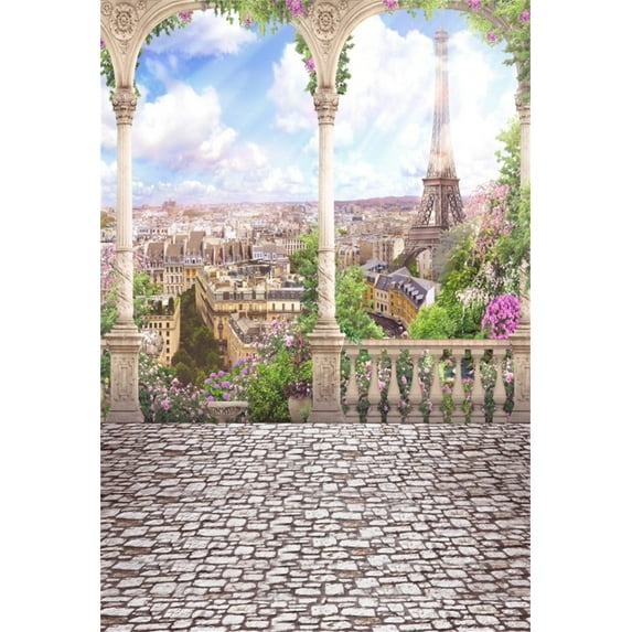 GreenDecor 5x7ft Romantic Eiffel Tower Photography Studio Backdrops Paris Urban Scenic Photo Shoot Background Outdoor Building Vintage Pillars Old Bri