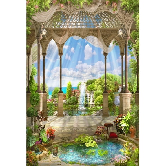 GreenDecor 5x7ft Romantic Garden Backdrop Retro Pavilion Fresh Plant Pond Photography Background Sky Clouds Girl Adult Artistic Portrait Vintage Photo Shoot Studio Props Video Drop Drape