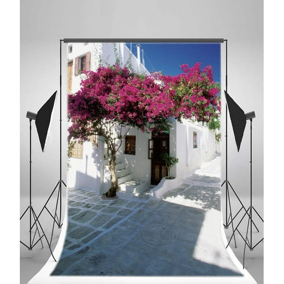 GreenDecor 5x7ft Seaside Backdrop Blooming Fresh Flowers White House Blue Sky Brick Floor Nature Photography Background Kids Adults Photo Studio Props