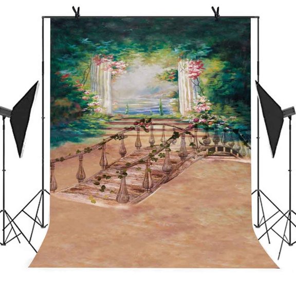 GreenDecor 5x7ft Spring Wonderland Backdrop Wooden Bridge Forest Flowers River Picture Filming Video Curtains Photo Booth Studio Props Background
