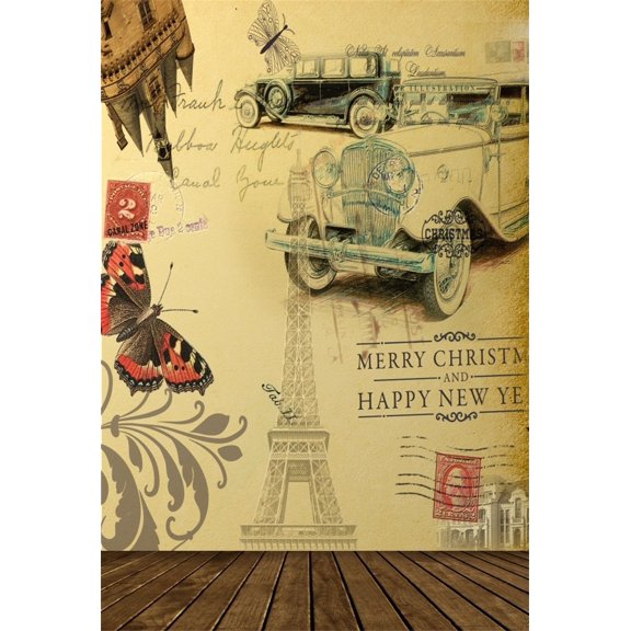 GreenDecor 5x7ft Vintage Postcard Backdrop Paris Photography Background Eiffel Tower Retro Cars Adult Lovers Artistic Portrait Photo Shoot Studio Props Video Drop Drape