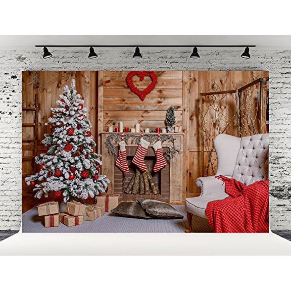 GreenDecor 7X5ft Wood Christmas Backdrop Wood Floor with Blanket Snow Christmas Tree Backgrounds