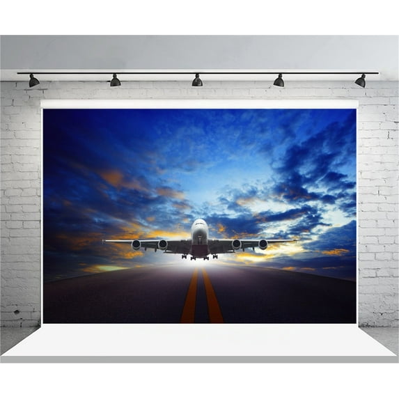 GreenDecor 7x5ft Airplane Take off Backdrop Aircraft Airport Runway Photography Background Sky Clouds Adult Man Artistic Portrait Outdoor Scenic Photo Shoot Studio Props Video Drop Drape