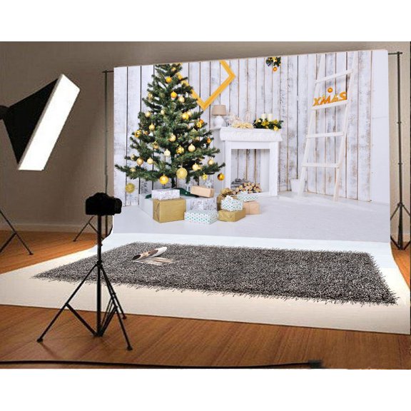 GreenDecor 7x5ft Backdrop Luxury Living Room Interior Decorated Chic Christmas Tree Background for Photography Presents Fireplace Xmas Ladder Whitish