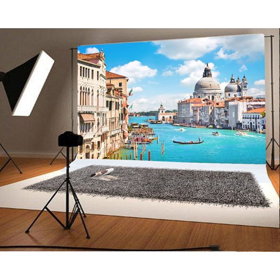 GreenDecor 7x5ft Backdrop Photography Background Famous Seaside City Landscape Venice Boat Italy View Architecture Buildings Blue Water and Sky Scener