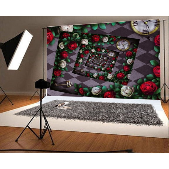 GreenDecor 7x5ft Backdrop Photography Background Wonderland White and Red Roses on Chess Background Clock Key Droste Effect Rose Flower Frame Backgrou